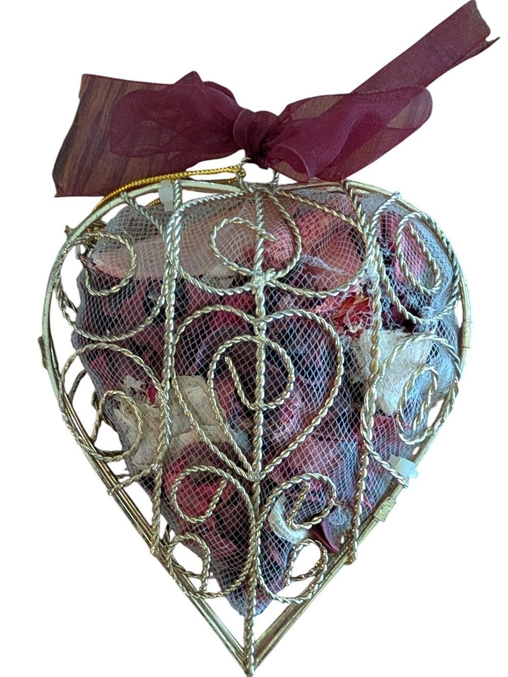 Heart-Shaped Gold Wire Potpourri Ornament with Burgundy Ribbon